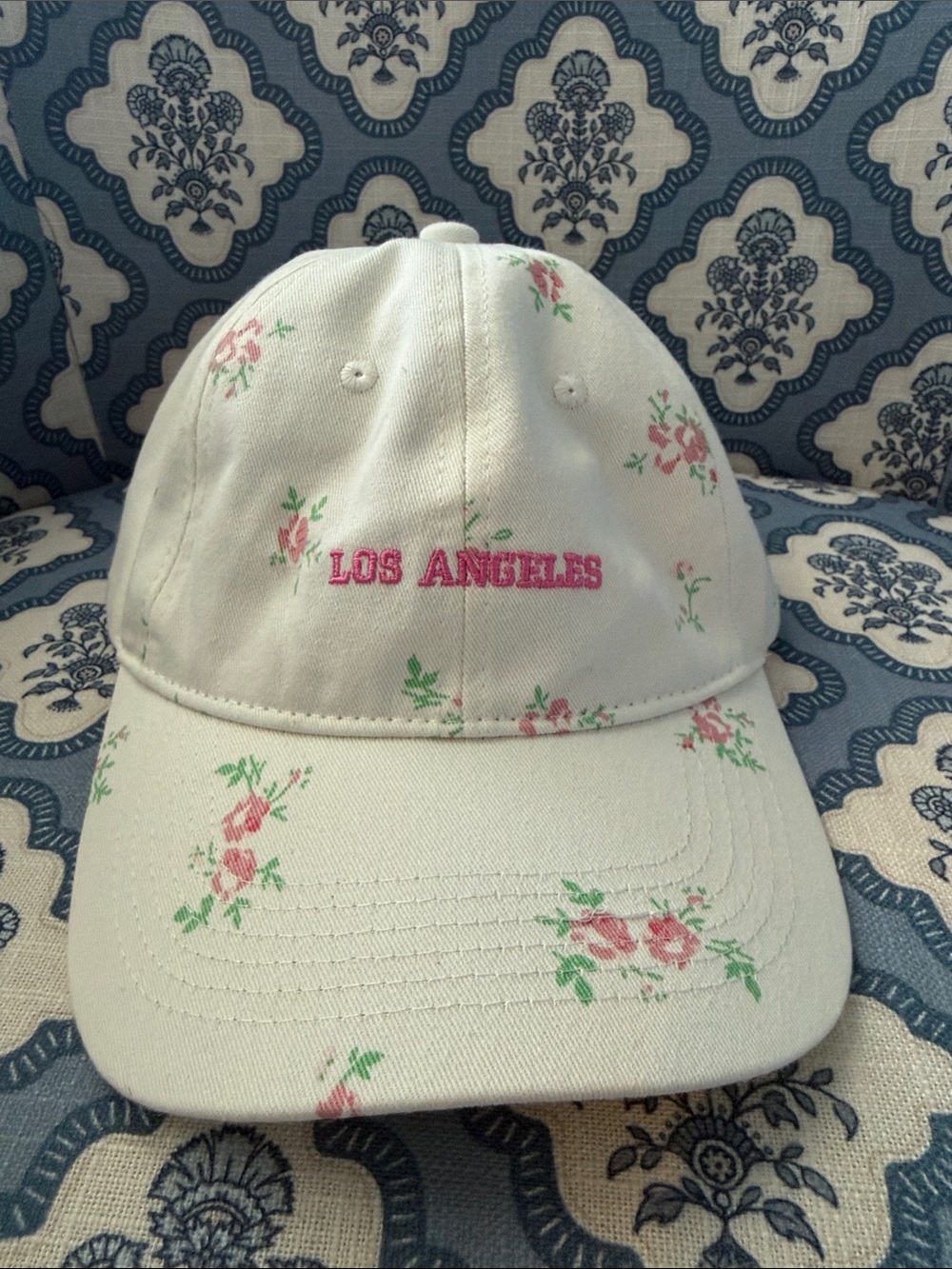 Rachel Zoe White Floral 'Los Angeles' Baseball Cap with Pink Embroidery